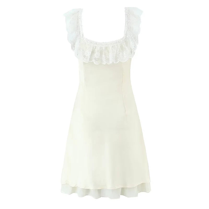 Romantic Girl Lace Spliced Sexy Off Shoulder Dress Women Short Sleeve Slim A-line Mini Dresses Summer Robe