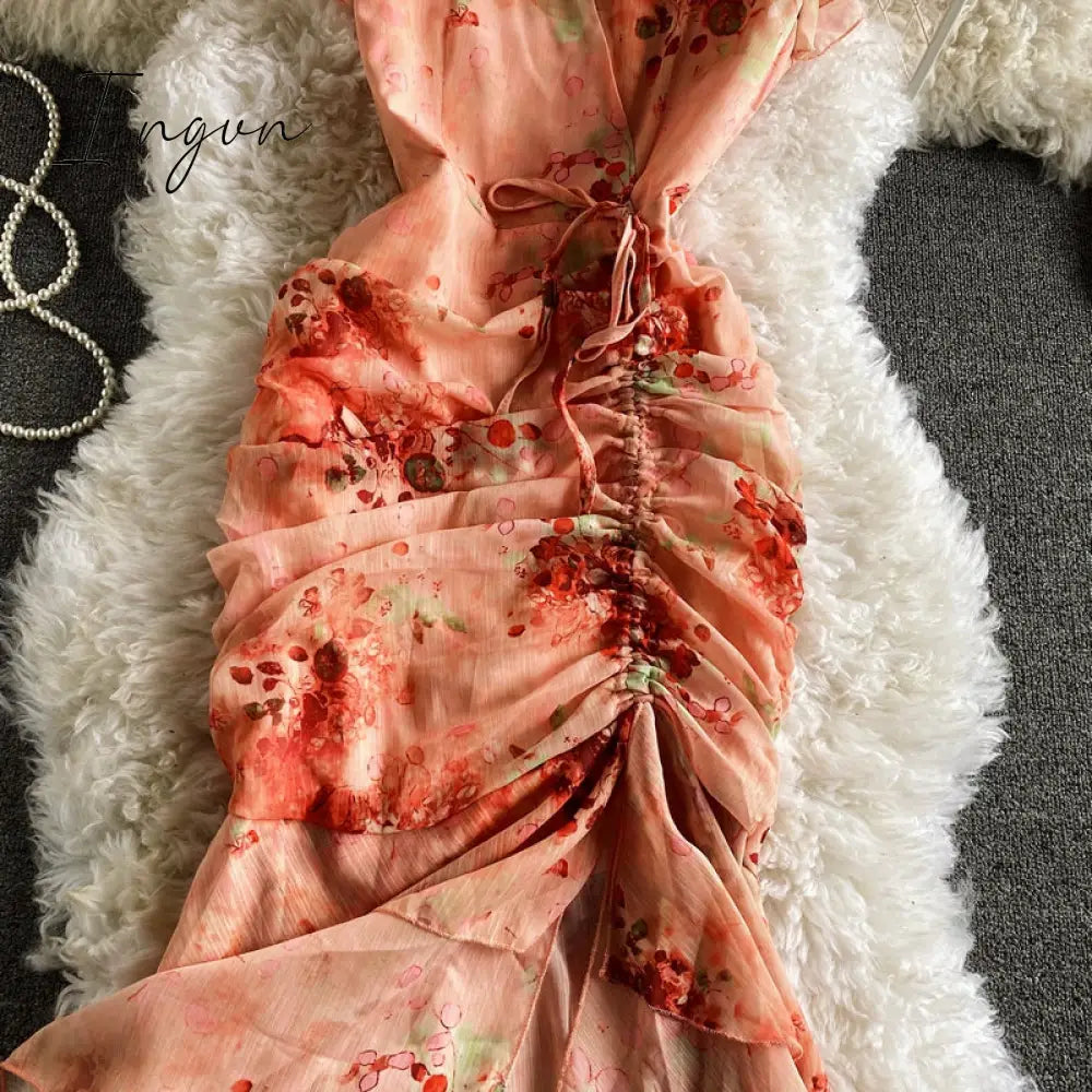 Ingvn - Vintage V-Neck Printed Chiffon Drawstring Mermaid Midi Dress Women Elegant High Waist Ruffle Vestidos Fashion Spring Summer
