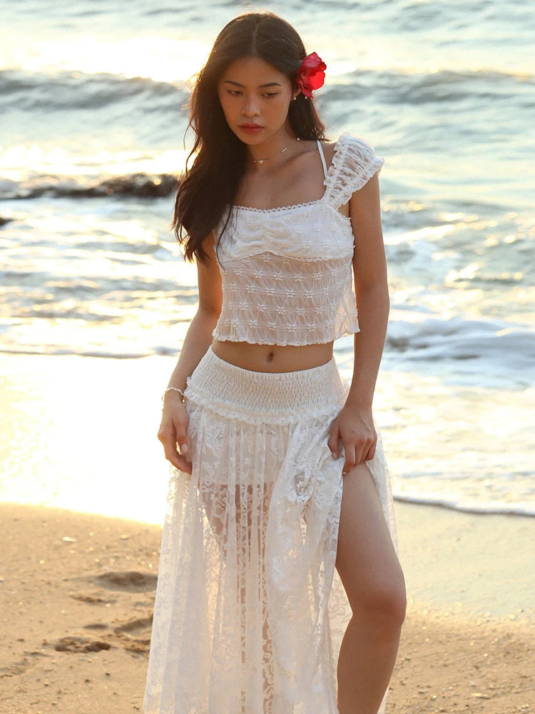 Patchwork 2-Piece Set Jacquard Women Lace Bandage Mini t-Shirt+High Slits Skinny Skirt Elasticated Waist Matching Suits