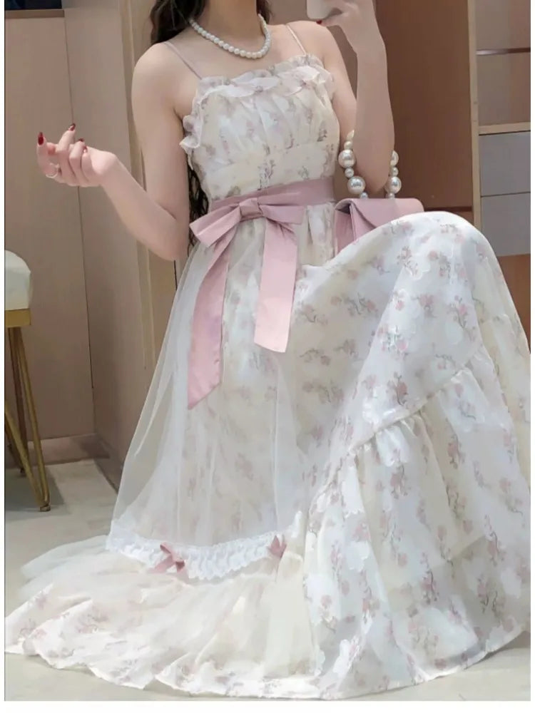 2025 Summer French Sweet Floral Sling Dress Women Bow Tie Mesh Slim Fit Dresses Korean Elegant A-Line Casual Fashion Clothing