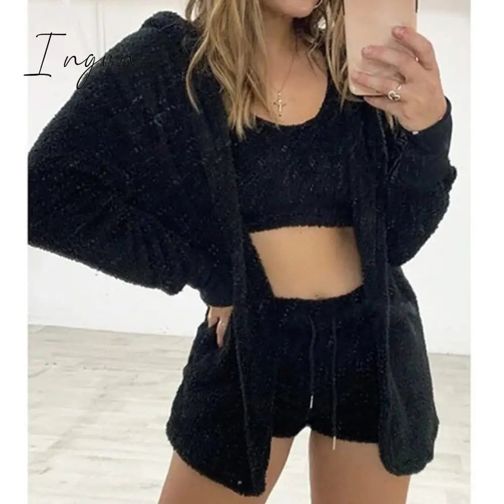 Ingvn - Three Piece Sexy Fluffy Outfits Plush Velvet Hooded Cardigan Coat+Shorts+Crop Top Women Tracksuit Sets Casual Sports Sweatshirt