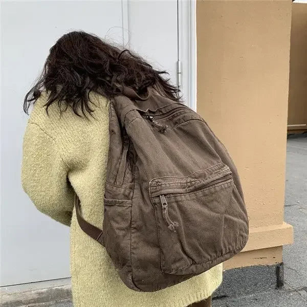 Ingvn  Vintage Backpack for Women Preppy Style Canvas Women Rucksack Zipper Casual Medium-Capacity European-American Style Female Bag