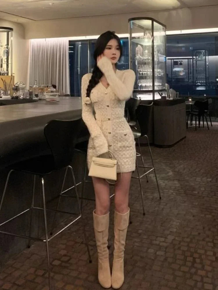 French Elegant Slim Knitted Dress Short Party One Piece Dress Korean Fashion Winter Sexy Bodycon Y2k Mini Dress Woman Chic