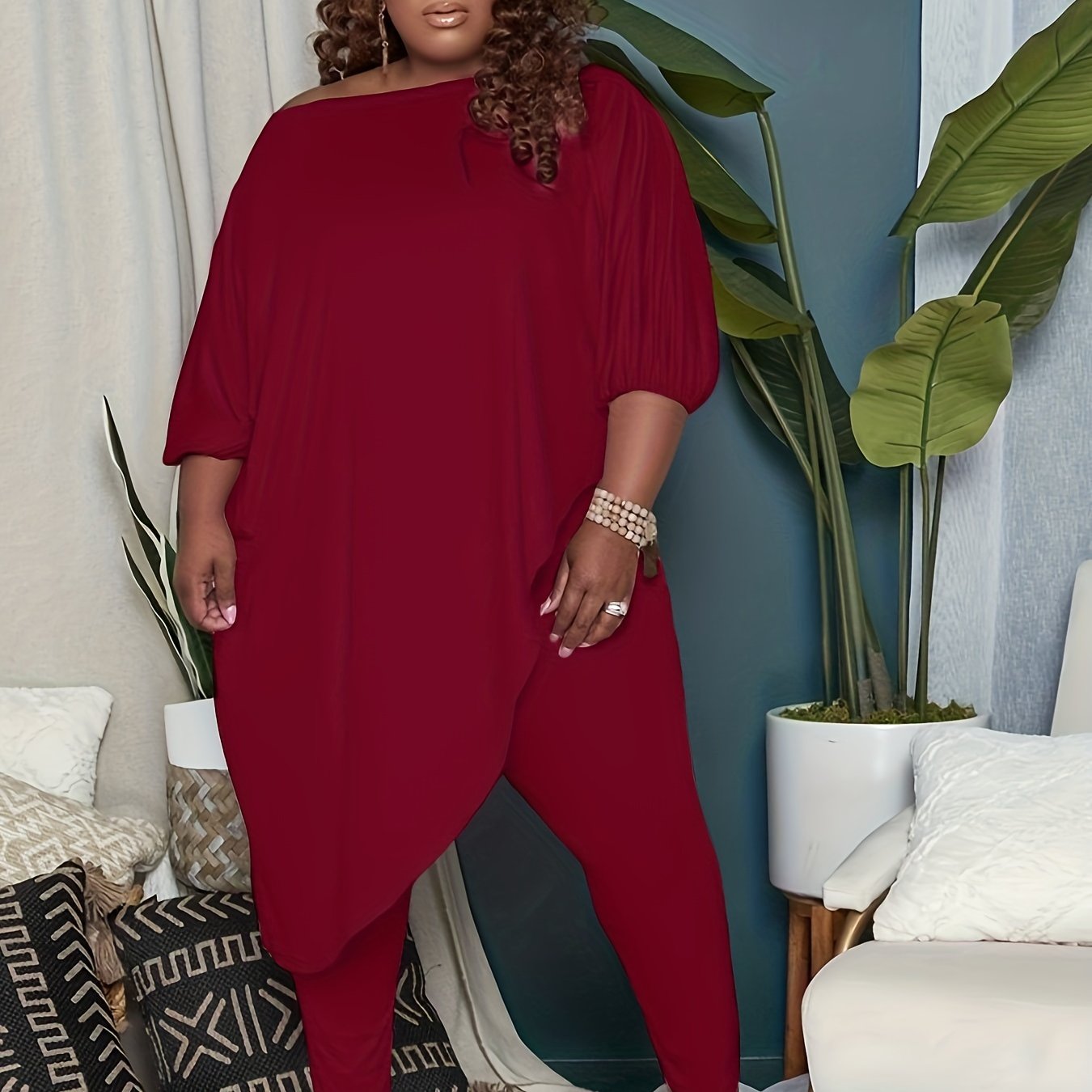 Plus Size Casual Outfits Set, Women's Plus Plain Lantern Sleeve Round Neck Asymmetrical Hem Top & Pants Outfits Two Piece Set