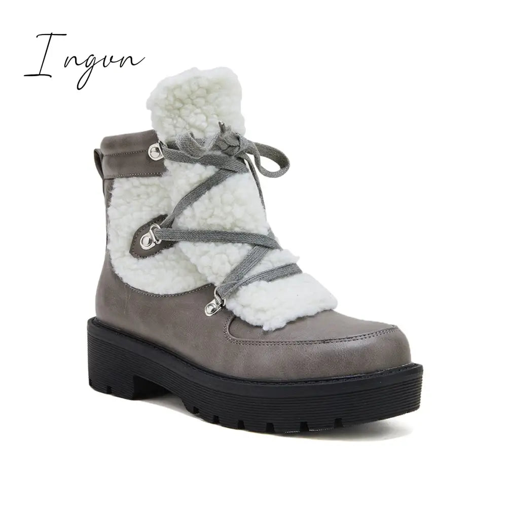 Ingvn - Women's Faux Shearling Stiching Lace Up Snow Boots
