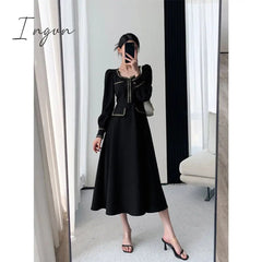 Ingvn - Elegant Women Dress Vintage Long Sleeve Black Y2K New Korean Fashion Casual Office Ladies High Quality Autumn Midi Female Dress