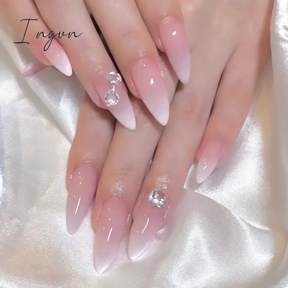 24Pcs 3D Long Almond False Nails Red Nude Ballet Stiletto Wearable Fake Nails MilkTea Color Jelly Full Cover Press On Nail Tips