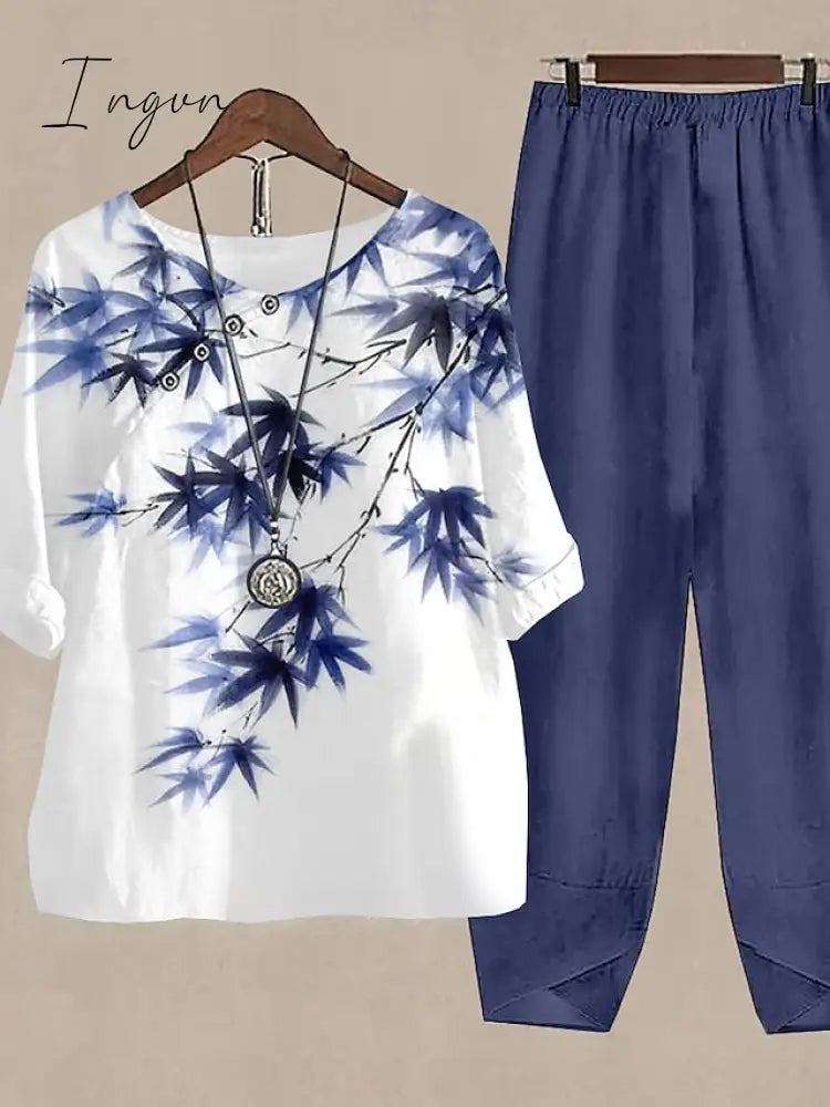 Ingvn - Women's Shirt Pants Sets Pants Trousers Basic Army Green Blue Holiday Weekend Floral Print Round Neck S M L XL 2XL