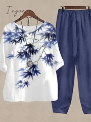 Ingvn - Women's Shirt Pants Sets Pants Trousers Basic Army Green Blue Holiday Weekend Floral Print Round Neck S M L XL 2XL