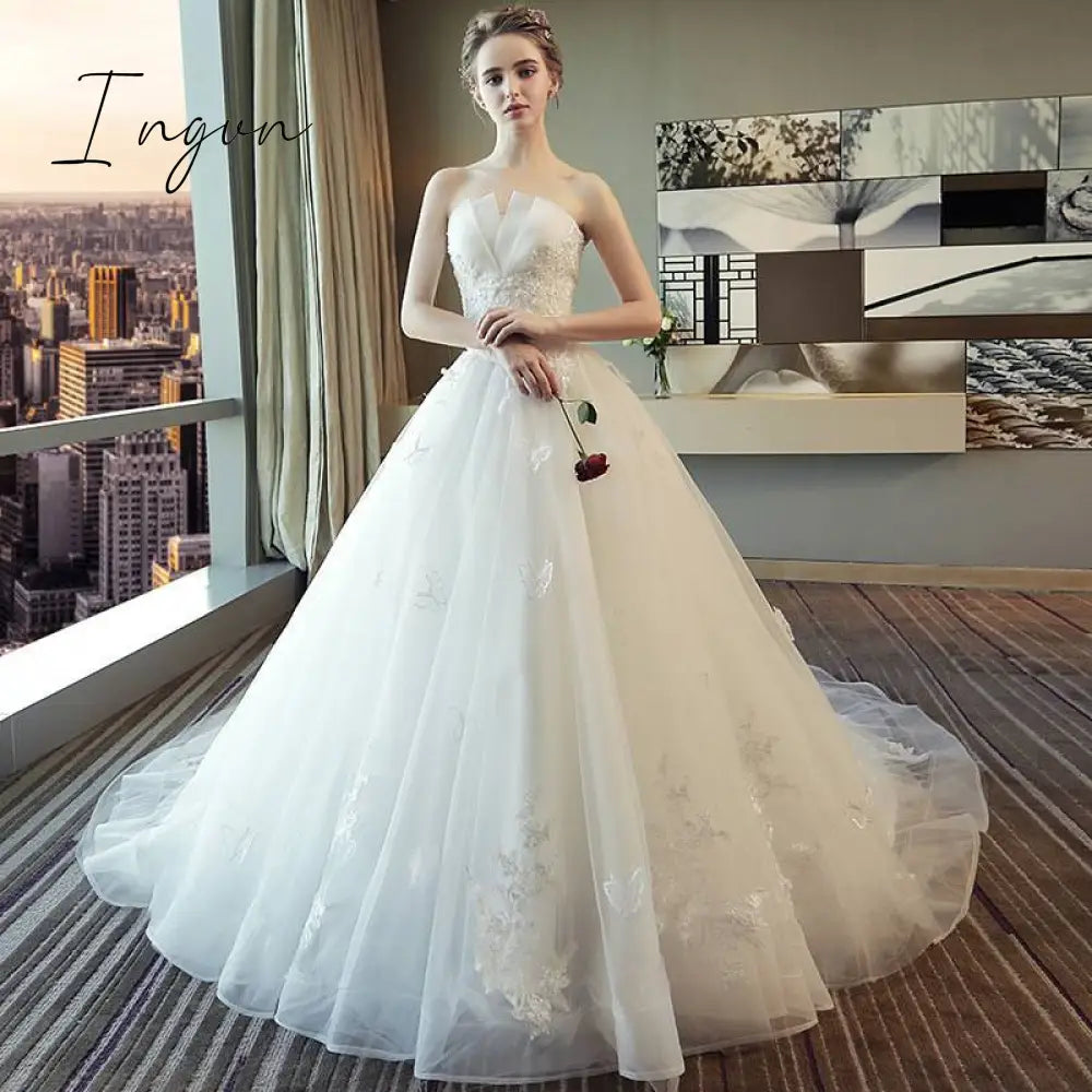 Ingvn - Real Photo Wedding Dress Luxury Lace Strapless Wedding Gown Elegant Long Train Princess Vestido De Noiva Custom Size