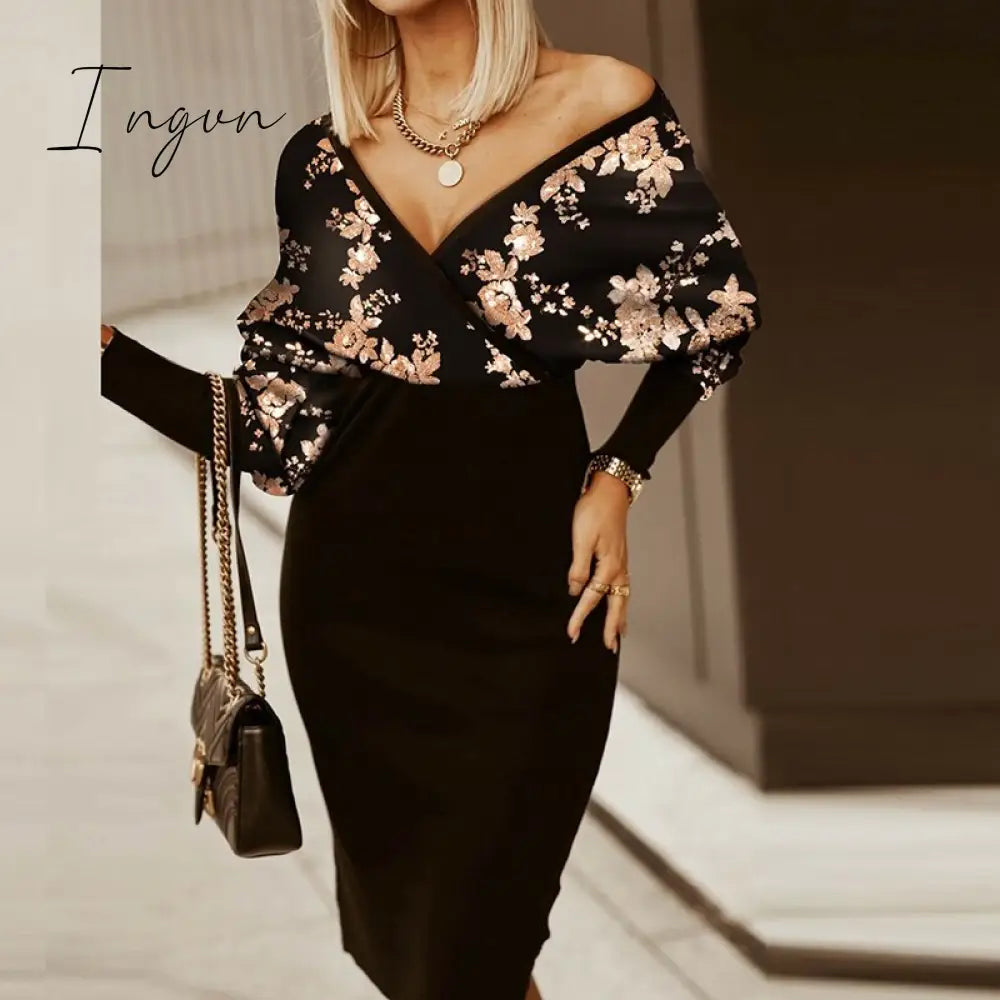 Ingvn - Women Deep V-Neck Striped Plaid Party Dress Long Sleeve Spring Autumn Casual Ladies Hip Dress Skinny Sweet Streetwear Vestidos