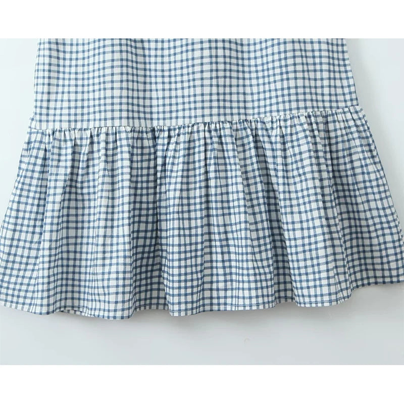 Women Casual Vintage Plaid Dress Elegant Square Neck Short Sleeve A-line Summer Long Dress Vacation Maxi Robe
