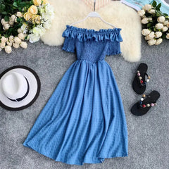 Ingvn - OCEANLOVE Women Summer Dresses Plaid Slash Neck Off Shouder Solid Vestidos Ruffles A-line High Waist Dress Robe Femme 11767