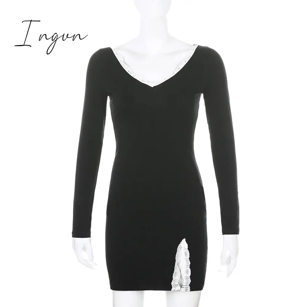 Ingvn - Women Winter Dress Women New Arrivals Sexy Long Sleeve Lace Split Black White Solid Party Dresses Vestidos