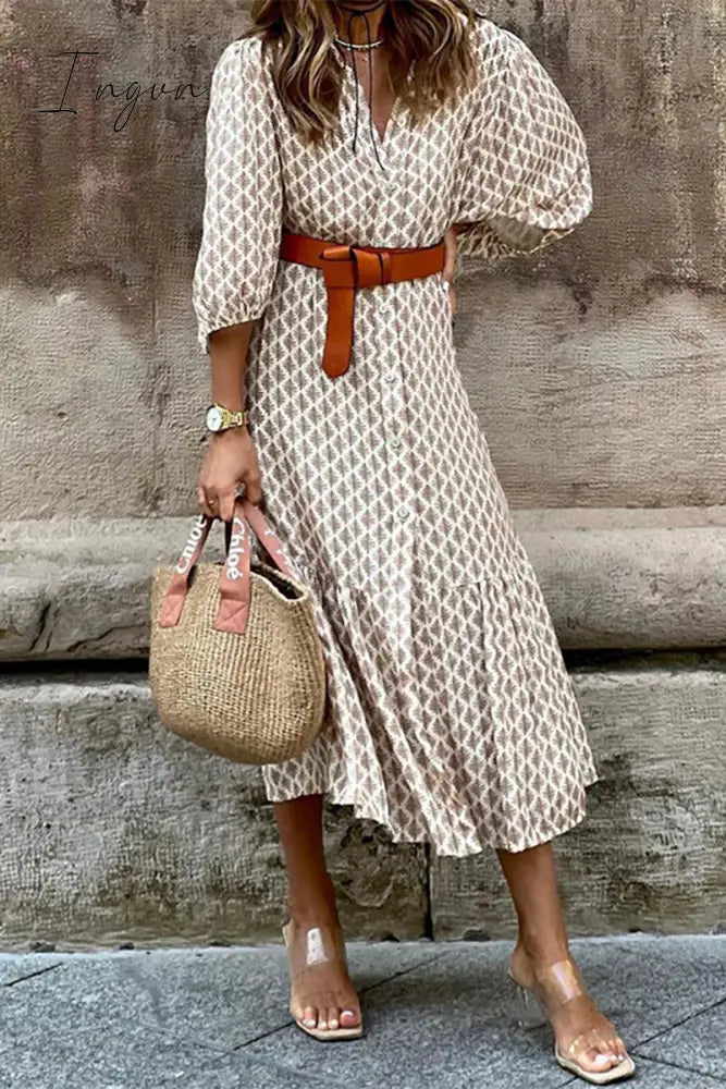 Ingvn - Elegant Floral With Belt V Neck A Line Dresses