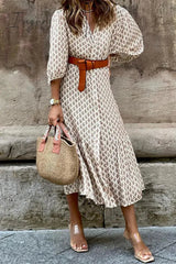 Ingvn - Elegant Floral With Belt V Neck A Line Dresses