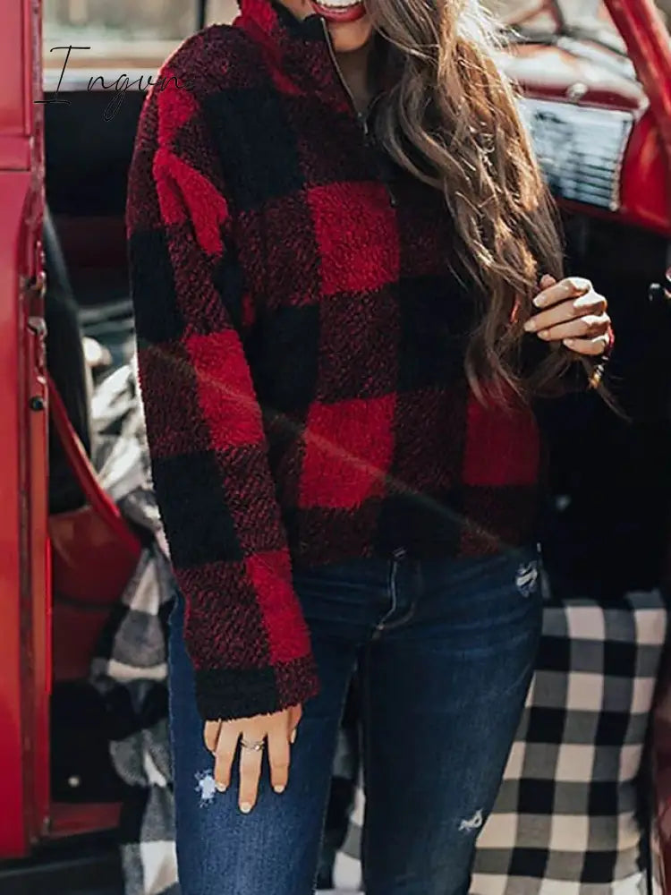 Ingvn - Women's Sweatshirt Pullover Fuzzy Teddy Quarter Zip Red Khaki Plaid Casual V Neck Long Sleeve Fleece Top Micro-elastic Fall & Winter