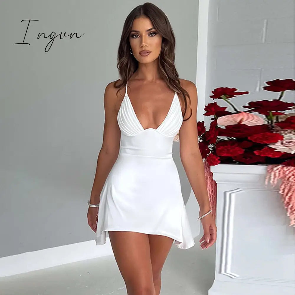 Ingvn - Satin Spaghetti Strap Sexy Mini Dress Women Robe Summer New Deep V Neck Sleeveless backless Club Party Dress Vestido