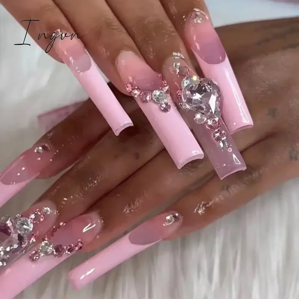 24pcs French rhinstones artifical nails with glue full cover false nails detachable coffin fake nail bling press on nails