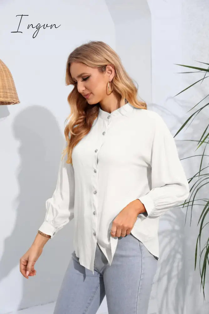 Ingvn - Mock Neck Buttoned Long Sleeve Shirt