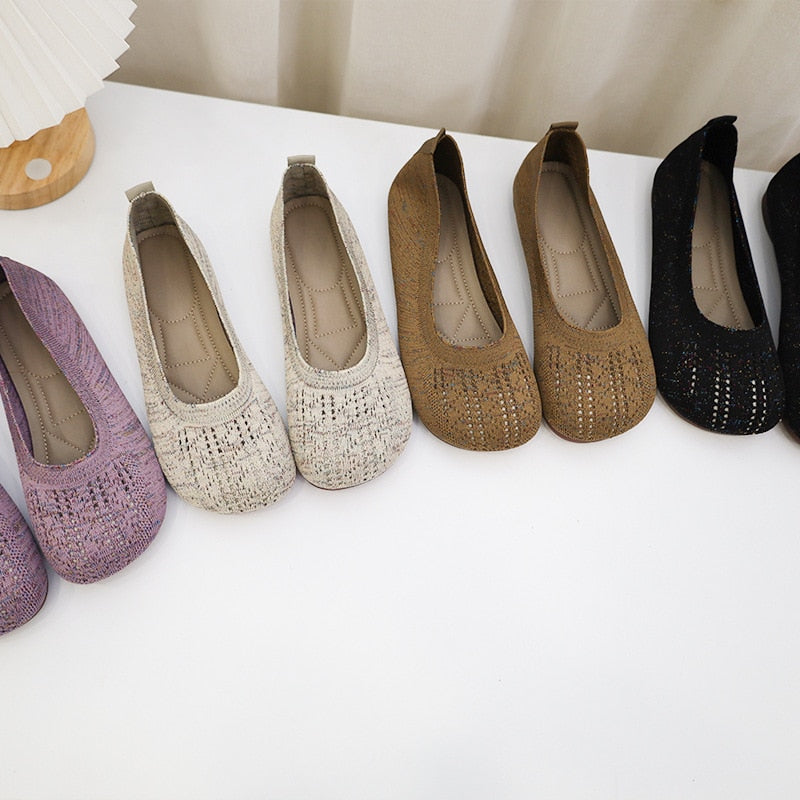Ballet Flats Women Casual Shoes Flat Heel Hollow-out Loafers Round Toe Knits Moccasins Espadrille Shoes