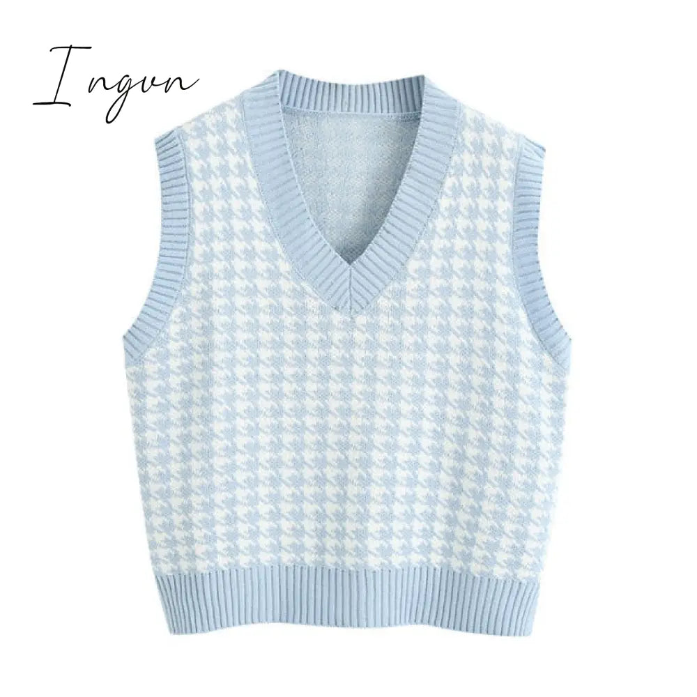 Ingvn - Fashion Women Knitted Vest Pullovers V Neck Sleeveless Houndstooth Knitted Jumper Pullovers Korean Loose Plaid Sweater Vest