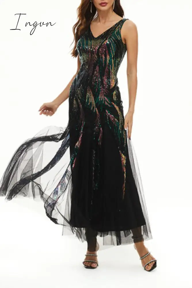 Ingvn - Celebrities Elegant Color Block Patchwork V Neck Evening Dress Dresses