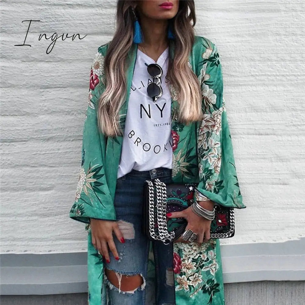 Ingvn - Chiffon Loose Shawl Kimono Long Blouse For Women Full Sleeve Floral Boho Shirts Top Ladies Girls Flower Cardigans Blusa Clothing