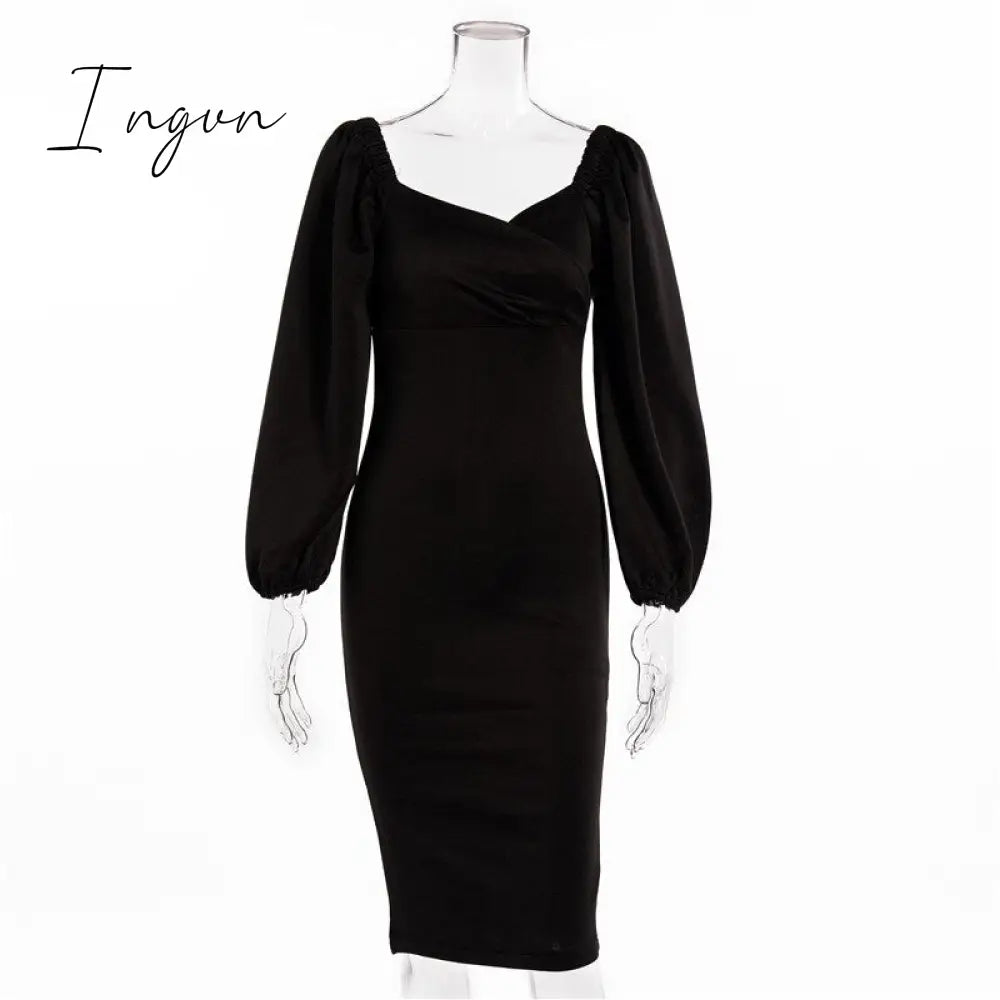 Ingvn - Midi Night Dress Women Long Puff Sleeve A-LINE Ruffled Backless Bodycon Sexy Dress Autumn Winter Elegant Office Lady Prom