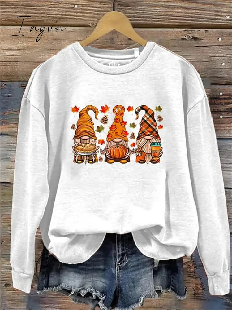 Ingvn - Women's Pullover Christmas Sweatshirt Fashion Black White Purple Gnome Christmas Round Neck Long Sleeve Top Micro-elastic Fall & Winter