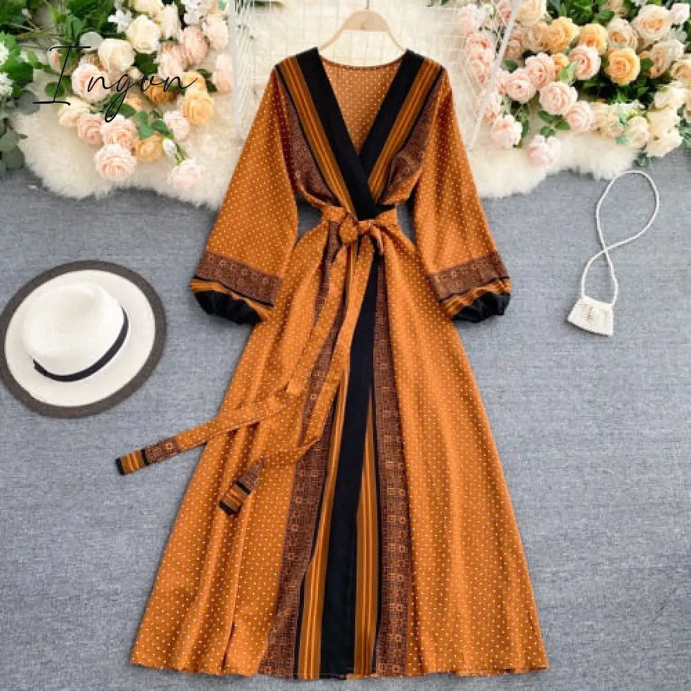 Ingvn - Spring Autumn Women Printed Long Dress Vintage Puff Long Sleeve High Waist A-Line Vestidos Female New Fashion Beach Robe