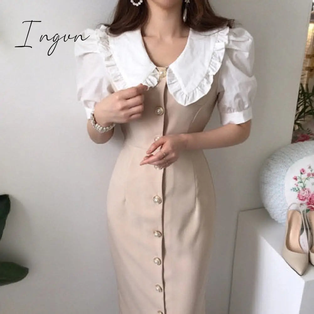 Ingvn - Summer Outfits Dress Women Fashion Peter Pan Collar Puff Sleeve Single Breasted Slim Long Vestidos Korean Chic Robe Elegant Female
