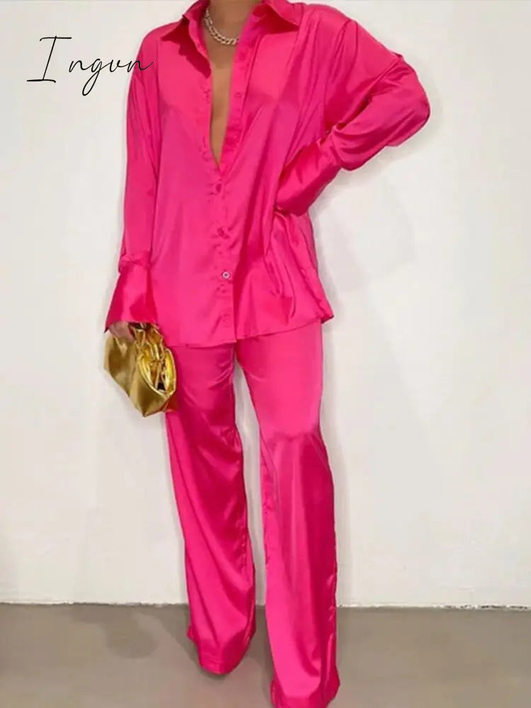 Ingvn - Women Elegant Satin Two Piece Sets Casual Feamle Solid Loose Outfits Long Sleeve Shirt And Wide Leg Straight Pants Suits