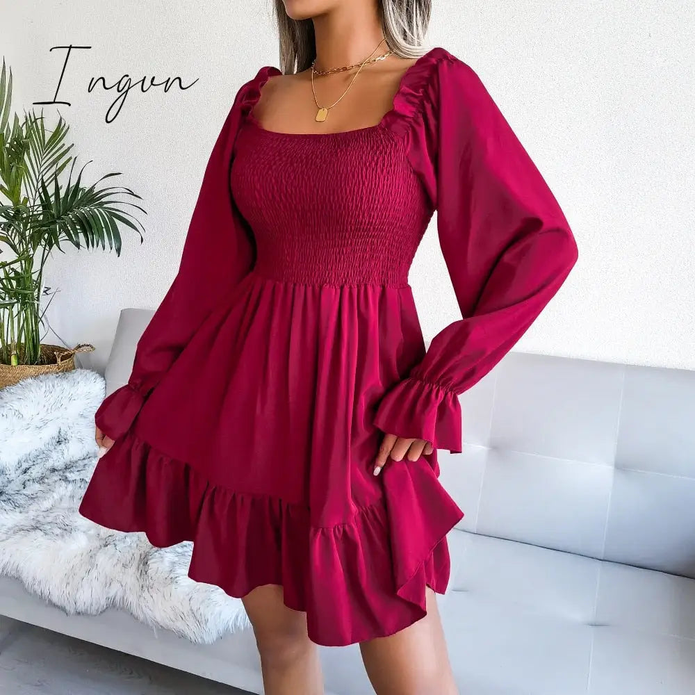 Ingvn - Spring and summer hot style long sleeve ruffled dress