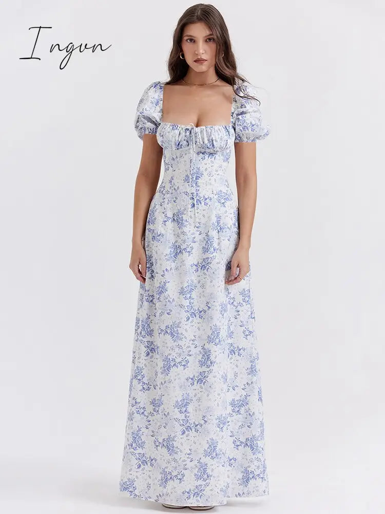 Ingvn - Elegant Puff Sleeve Loose Maxi Dress Women Gown Square Collar Backless A-line Lace-up French Retro Sexy Long Dress