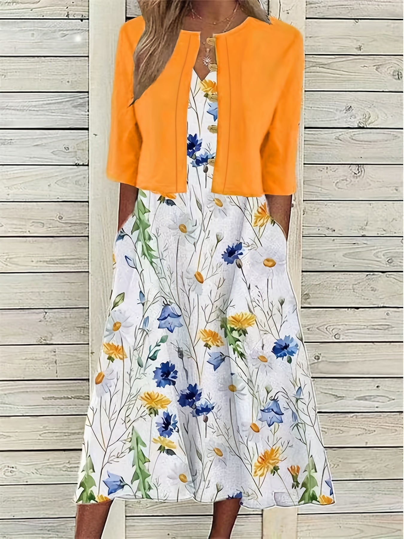 Spring/Summer Chic: Floral Print Two-Piece with V-Neck Crop Top & Comfortable Knit Dress Set, Elegant & Easy Care