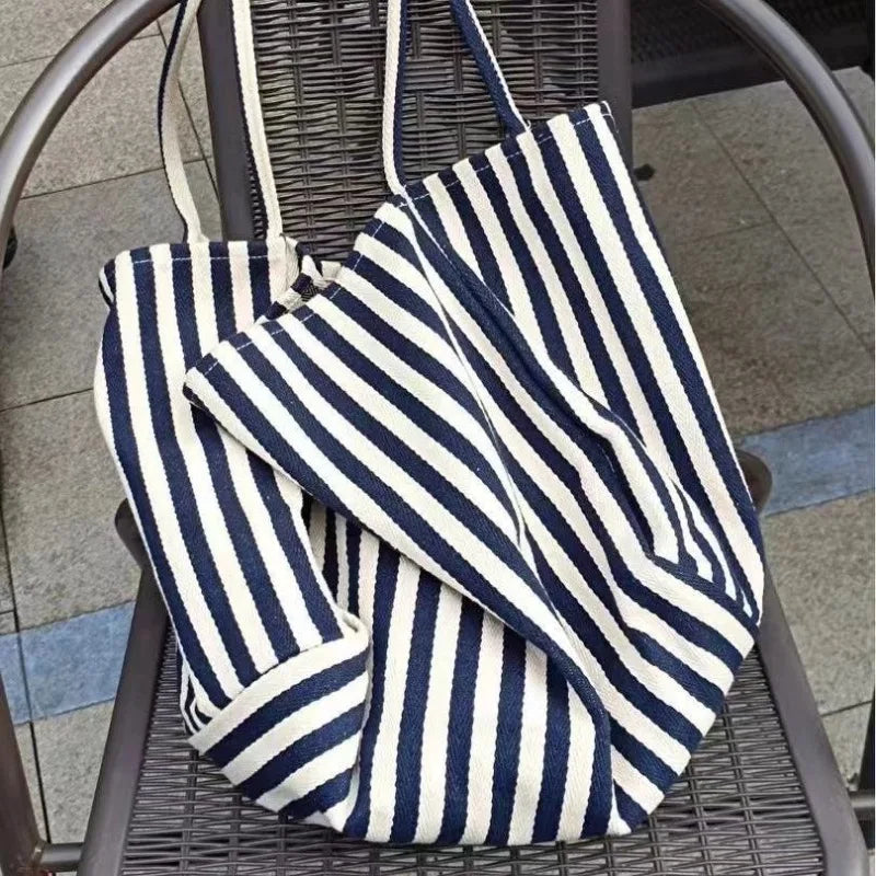 Ingvn  Korean Striped Double-sided Canvas Bag Summer New Niche Design Large Capacity Student Tote Bags