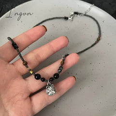 Vintage Chinese Style Lion Pendant Beaded Necklace for Women Men Lucky Punk Clothing Unusual Stone Bead Choker On The Neck Beads