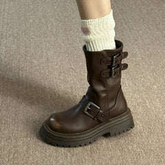 Ingvn  Winter Women Motorcycle Boots Fashion Belt Buckle Short Booties Ladies Elegant Thick Heels Botas Mujer