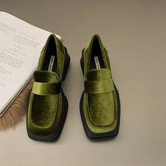 Women Luxury Velvet Loafers Fashion Square Toe Platform Moccasins Ladies Brand Design Evening Party Heel Shoes