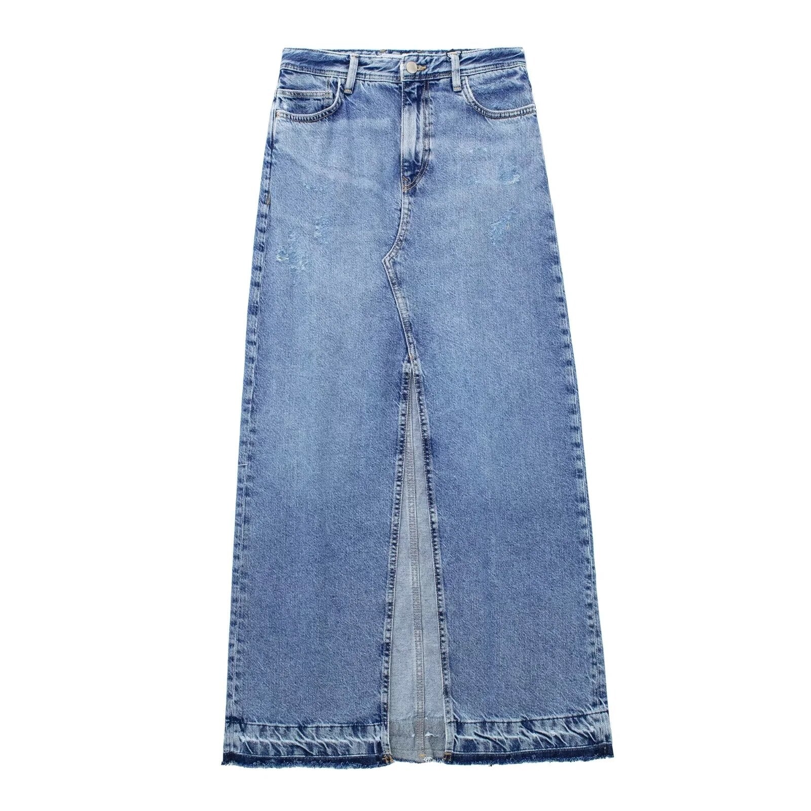Tassel Trimmed Women Elegant Straight Slit Maxi Denim Skirt Spring Summer Fashion Cotton Pockets Fashion Long Skirt