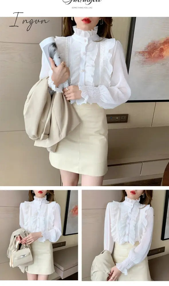 Ingvn - Woman Chic Long Sleeve Stand Collar Blouses Women Casual Loose White Tops Korean Lace Ruffles Elegant Chiffon Shirt Blusas