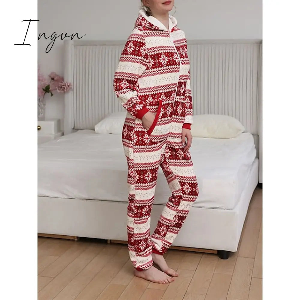 Ingvn - Women's Pajamas Jumpsuit Elk Snowflake Warm Fashion Casual Home Christmas Daily Polyester Breathable Hoodie Long Sleeve Pocket Fall Winter Black White