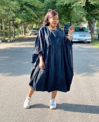 Ingvn - Women Loose Dresses O Neck Pleated Casual Fashion Large Size Ladies Female African Fashion Spring Summer New Baggy Robes