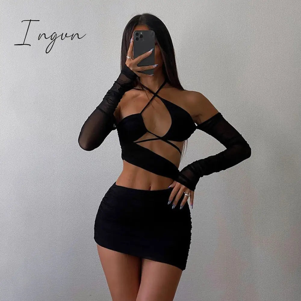Ingvn - Halter Sexy Cut Out Bodycon Dress Bandage Party Club Elegant Irregular Backless Mesh Ruched Mini Dresses Outfits