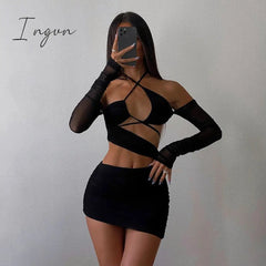 Ingvn - Halter Sexy Cut Out Bodycon Dress Bandage Party Club Elegant Irregular Backless Mesh Ruched Mini Dresses Outfits