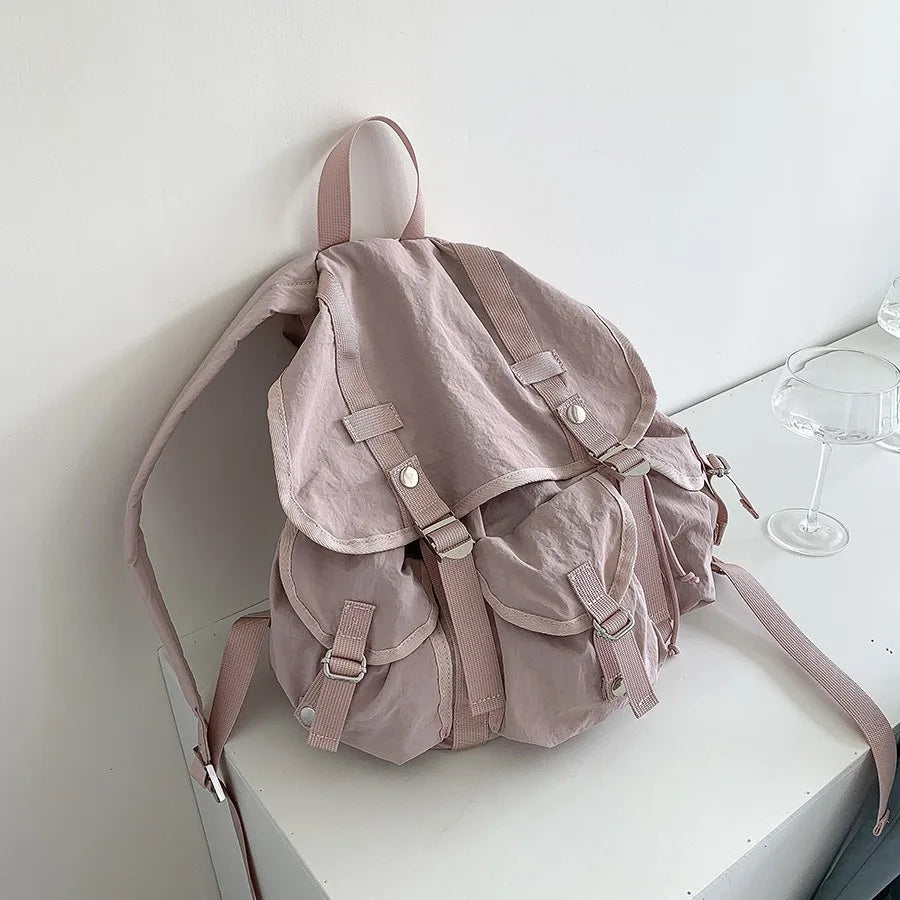 Ingvn  Preppy Style Flap Buckle Muti Pocket Nylon Women Backpack Niche Design College School Women Bags Travel Commuter Girls Backpack