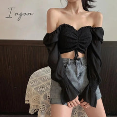 Ingvn - Low cut Blouse Woman Fashion Pretty Blouses Crop Top Youth Elegant Puff sleeve Chiffon Shirt Sexy
