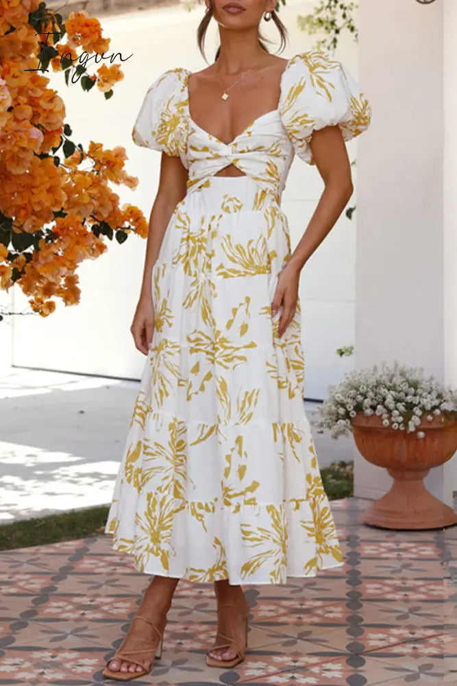 Ingvn - Sweet Elegant Floral Hollowed Out Off the Shoulder Printed Dress Dresses