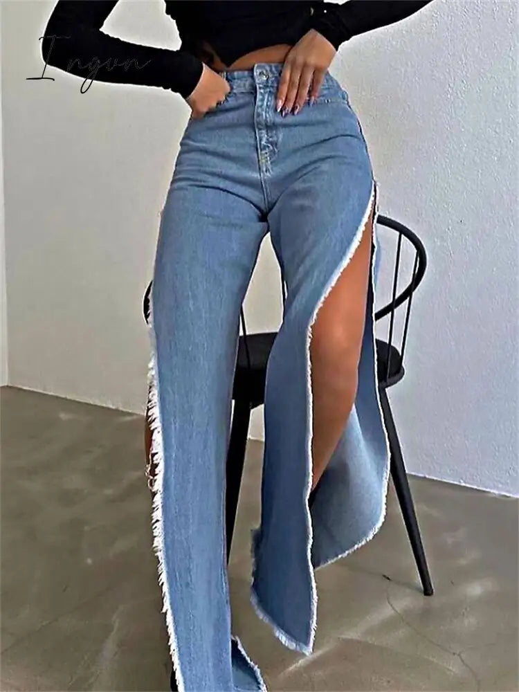 Ingvn - High Waisted Side Split Out Jeans Women Casual Loose Cargo Black Pants Streetwear Summer Wide Leg Long Baggy Y2k Jeans
